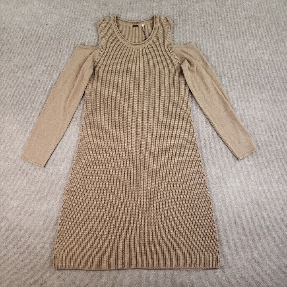 Elie Tahari Sweater‎ Dress Womens XL Beige Peep Shoulder Knit Long Sleeve Wool